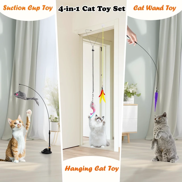 Alt view image 2 of 6 - 4in1 Interactive Cat Wand Toys with Suction Cup for Indoor Cat,12Pcs | Enhanced Suction Cup,Fishing Pole Cat Stick Toy Replacement,2 Types Door Hanging Cat String Toy for Indoor Kitten Self Play
