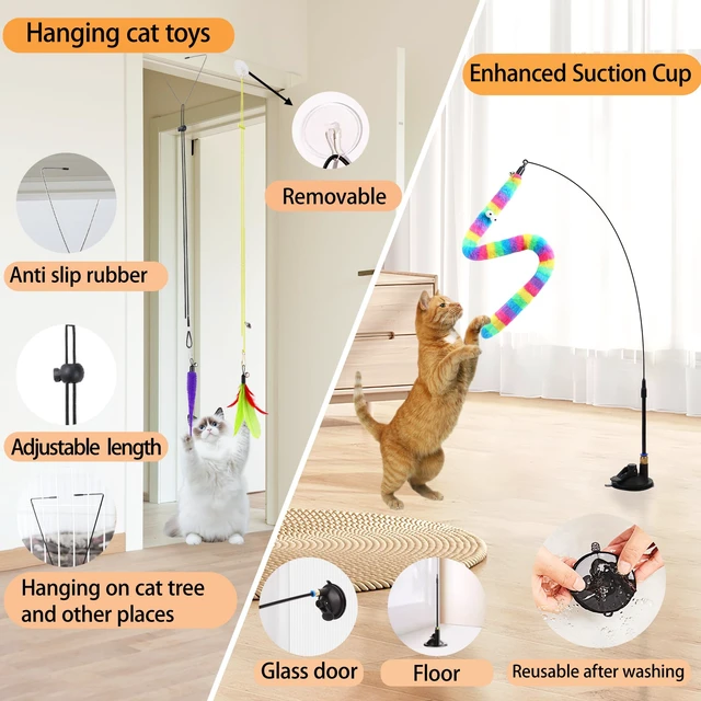 Alt view image 3 of 6 - 4in1 Interactive Cat Wand Toys with Suction Cup for Indoor Cat,12Pcs | Enhanced Suction Cup,Fishing Pole Cat Stick Toy Replacement,2 Types Door Hanging Cat String Toy for Indoor Kitten Self Play