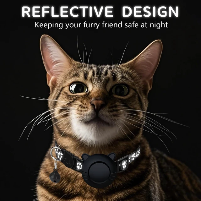 Alt view image 3 of 7 - GPS Tracker for Cat Tracker Collar Waterproof Airtag Compatible with Apple Find My (iOS ONLY) No Monthly Fee Breakaway Design Reflective Pattern Bell Black Durable Cat Tracking