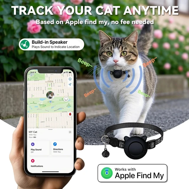 Alt view image 2 of 7 - GPS Tracker for Cat Tracker Collar Waterproof Airtag Compatible with Apple Find My (iOS ONLY) No Monthly Fee Breakaway Design Reflective Pattern Bell Black Durable Cat Tracking
