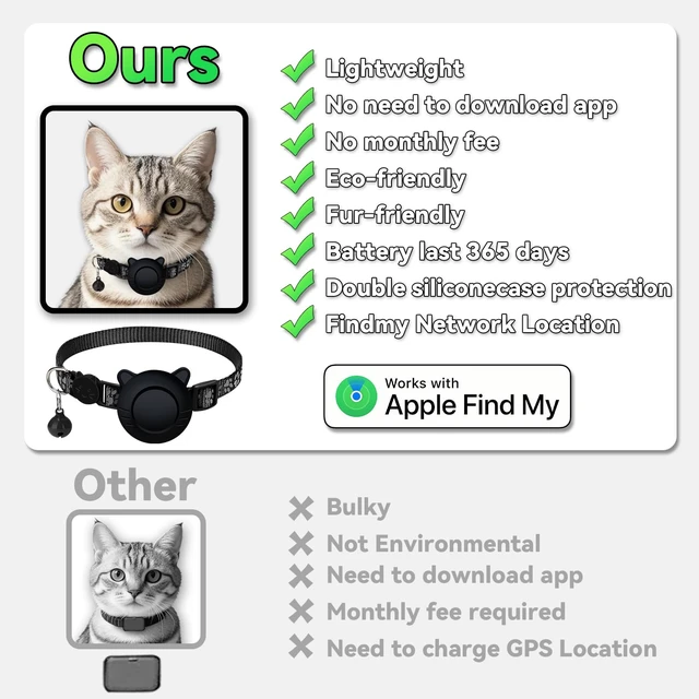 Alt view image 7 of 7 - GPS Tracker for Cat Tracker Collar Waterproof Airtag Compatible with Apple Find My (iOS ONLY) No Monthly Fee Breakaway Design Reflective Pattern Bell Black Durable Cat Tracking