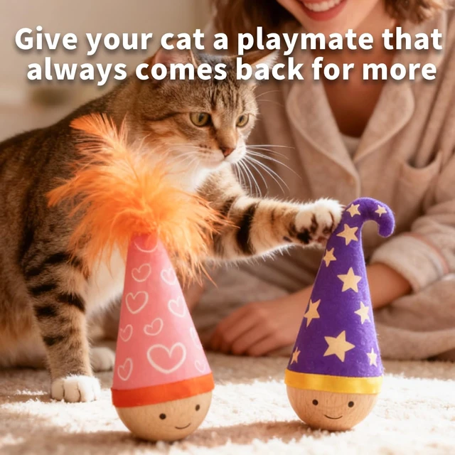 Alt view image 3 of 7 - Solid Wood Wobbler Cat Toy with Catnip for Cats,Natural Style | Cat Punching Bag,360° irregular motion,noiseless physical drive, hardwood construction, rounded finish,interactive toys