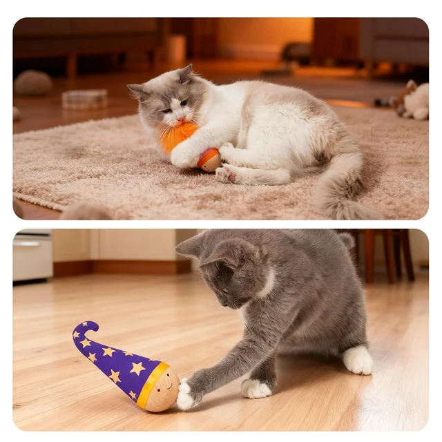 Alt view image 5 of 7 - Solid Wood Wobbler Cat Toy with Catnip for Cats,Natural Style | Cat Punching Bag,360° irregular motion,noiseless physical drive, hardwood construction, rounded finish,interactive toys