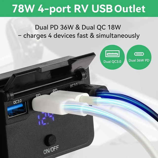 Alt view image 2 of 7 - 78W 12V USB Outlet, Dual PD 36W and Dual QC3.0, Voltmeter, Switch | 4-port 78W charger with 2 USB-C PD 36W and 2 USB-A QC3.0 18W ports, blue voltmeter, and on/off switch for 12V vehicles