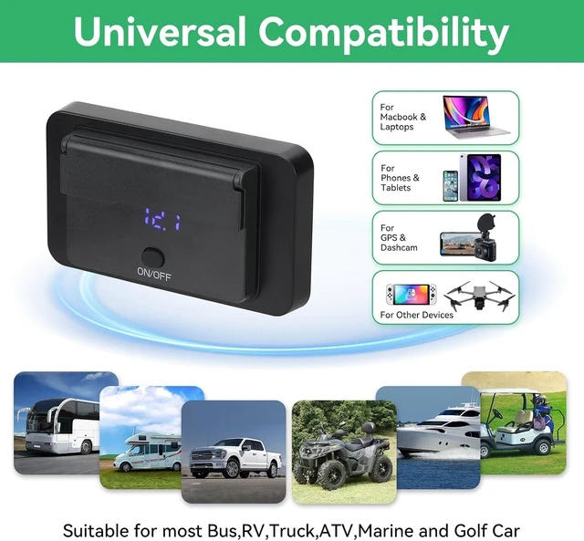 Alt view image 4 of 7 - 78W 12V USB Outlet, Dual PD 36W and Dual QC3.0, Voltmeter, Switch | 4-port 78W charger with 2 USB-C PD 36W and 2 USB-A QC3.0 18W ports, blue voltmeter, and on/off switch for 12V vehicles