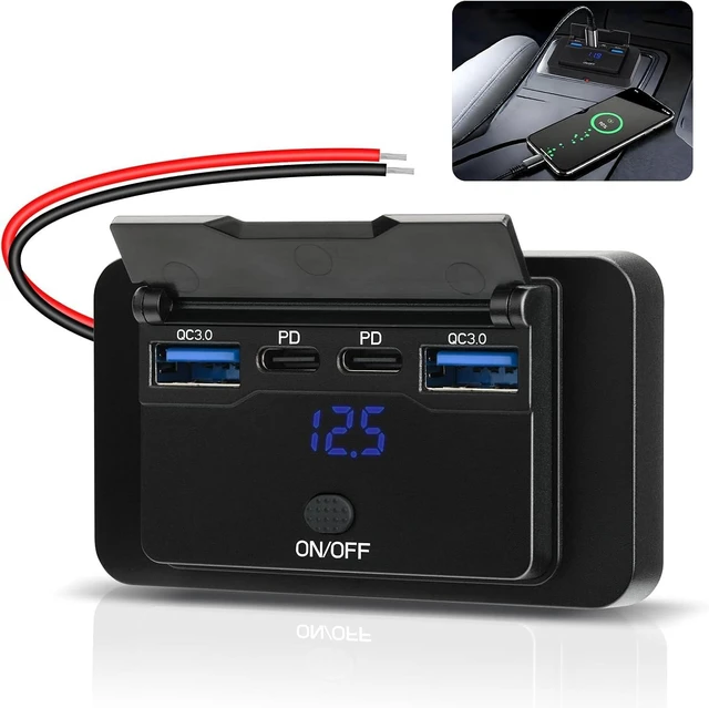 Alt view image 7 of 7 - 78W 12V USB Outlet, Dual PD 36W and Dual QC3.0, Voltmeter, Switch | 4-port 78W charger with 2 USB-C PD 36W and 2 USB-A QC3.0 18W ports, blue voltmeter, and on/off switch for 12V vehicles