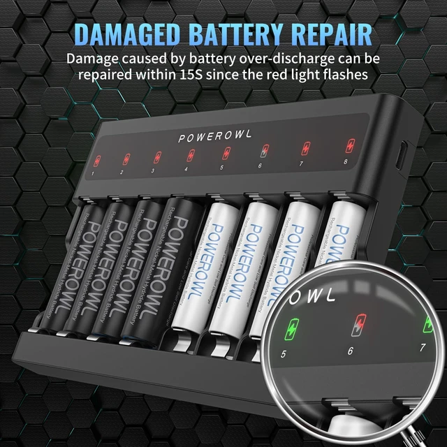 Alt view image 4 of 7 - AA AAA Battery Charger 8 Bay, Independent Slot, USB Fast Charging for Ni-MH Ni-CD Rechargeable Batteries