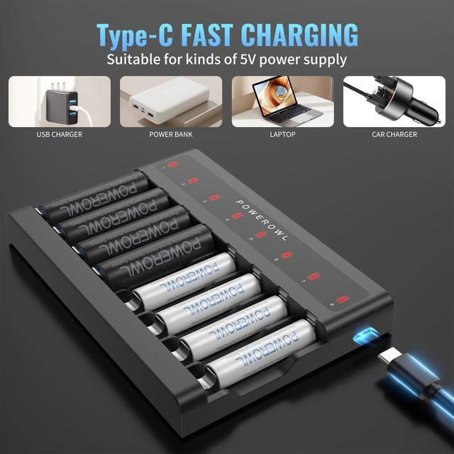 Alt view image 6 of 7 - AA AAA Battery Charger 8 Bay, Independent Slot, USB Fast Charging for Ni-MH Ni-CD Rechargeable Batteries