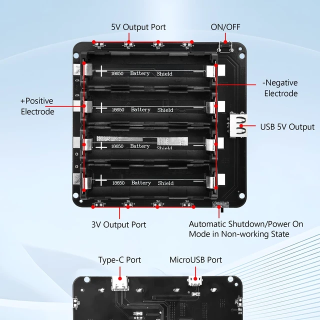 Alt view image 3 of 7 - 18650 Battery Holder Li-ion Battery with 4-Compartment Support Micro USB 5V/3A 3V/1A V9 Shield Battery Charging Module with to Micro USB Charging Cable
