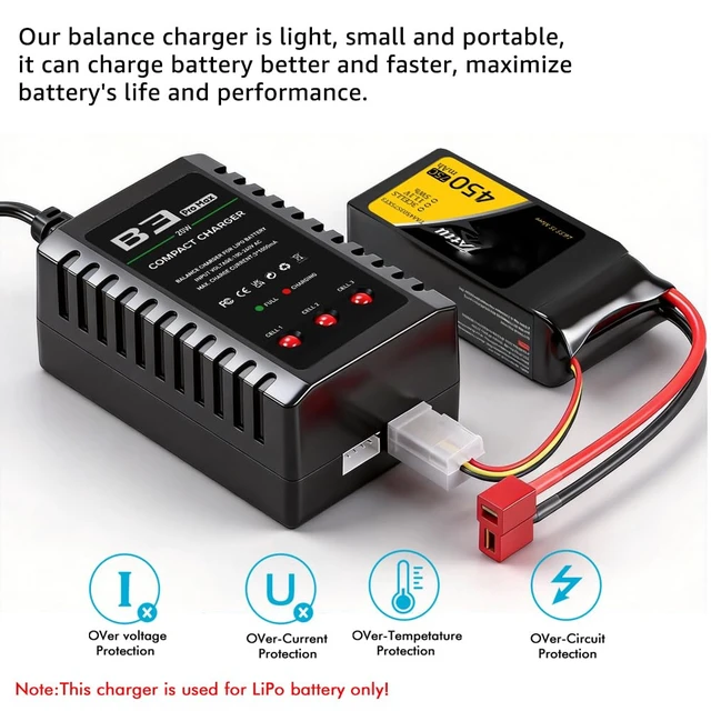 Alt view image 2 of 6 - LiPo Battery Charger 2S 3S Balance Charger for 7.4V 11.1V RC Toy & Model | 2-3S Compact Charger for 7.4-11.1V RC LiPo Batteries with Smart Chip, Extend Battery Life