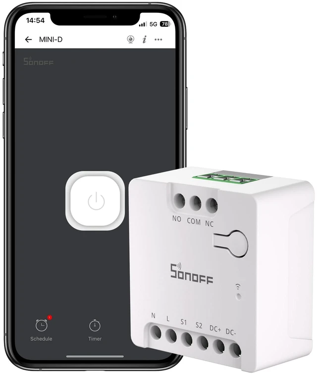 Main image of WiFi MINI-D Smart Switch with Matter,Home Automation,Dry Contact Output,Supports AC or DC Input,Compatible Alexa & Google Home,for Garage Doors,Boilers,DC Low Power Motors/Solenoid Valves