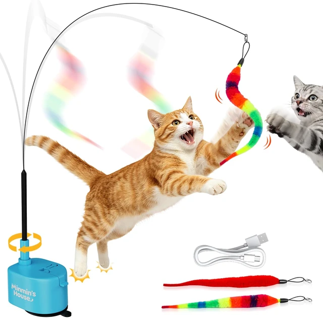 Main image of Interactive Cat Toys For Indoor Cats, 360° Flying Automatic Cat Toy, Blue | Rechargeable, Strong Suction Base, Self-Play & Handheld, Electric Spin Game Enrichment Toy, Long Kitty Wand for Bored Cats