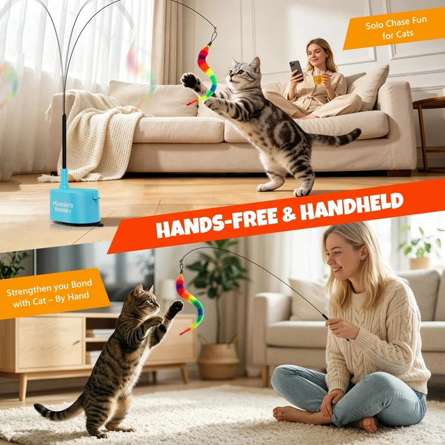 Alt view image 3 of 6 - Interactive Cat Toys For Indoor Cats, 360° Flying Automatic Cat Toy, Blue | Rechargeable, Strong Suction Base, Self-Play & Handheld, Electric Spin Game Enrichment Toy, Long Kitty Wand for Bored Cats