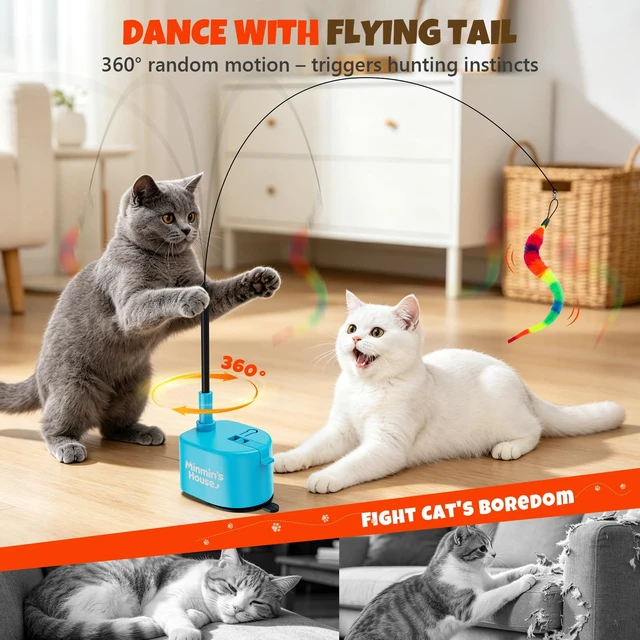 Alt view image 2 of 6 - Interactive Cat Toys For Indoor Cats, 360° Flying Automatic Cat Toy, Blue | Rechargeable, Strong Suction Base, Self-Play & Handheld, Electric Spin Game Enrichment Toy, Long Kitty Wand for Bored Cats