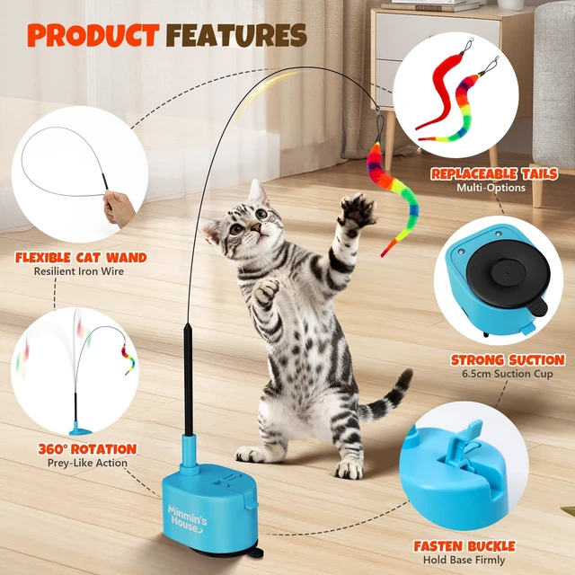 Alt view image 6 of 6 - Interactive Cat Toys For Indoor Cats, 360° Flying Automatic Cat Toy, Blue | Rechargeable, Strong Suction Base, Self-Play & Handheld, Electric Spin Game Enrichment Toy, Long Kitty Wand for Bored Cats