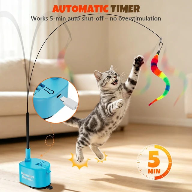 Alt view image 4 of 6 - Interactive Cat Toys For Indoor Cats, 360° Flying Automatic Cat Toy, Blue | Rechargeable, Strong Suction Base, Self-Play & Handheld, Electric Spin Game Enrichment Toy, Long Kitty Wand for Bored Cats
