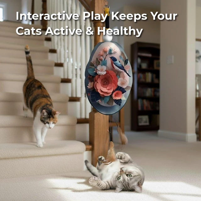 Alt view image 5 of 7 - Interactive Cat Toys for Indoor Cats, Automatic Concealed Hide and Seek Hanging Feather Cat Toy, Rechargeable Motion-Activated Enrichment Toys for Bored Adult Cats (Bird & Flowers Pattern