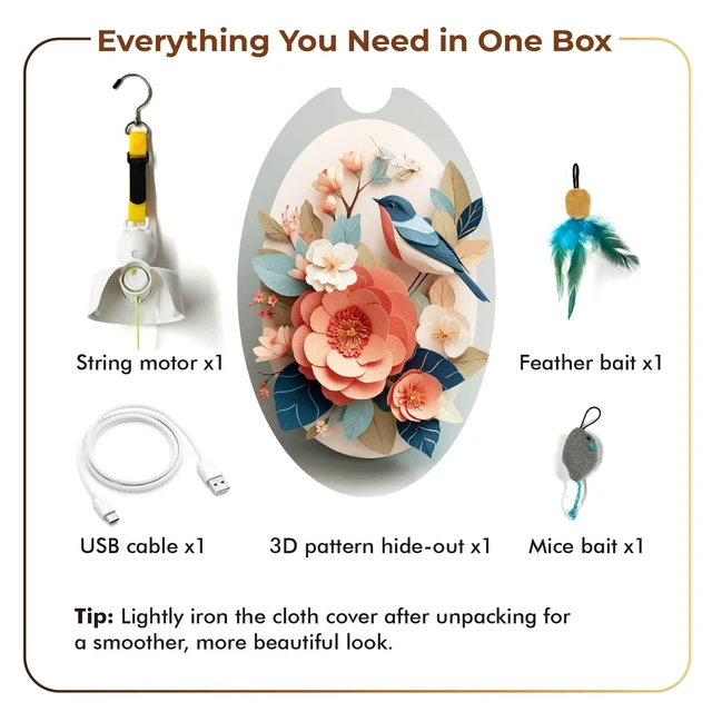 Alt view image 7 of 7 - Interactive Cat Toys for Indoor Cats, Automatic Concealed Hide and Seek Hanging Feather Cat Toy, Rechargeable Motion-Activated Enrichment Toys for Bored Adult Cats (Bird & Flowers Pattern