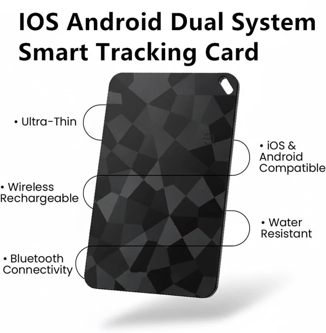Alt view image 2 of 5 - Ultra-Thin Smart Tracking Card, iOS and Android Compatible, Bluetooth Wireless Rechargeable, Water Resistant, Wallet Finder with Geometric Black Design