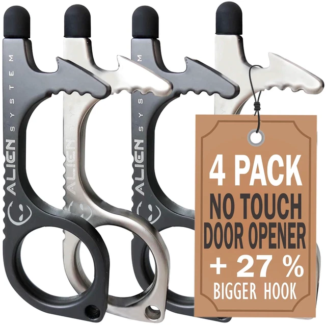 Main image of No Touch Door Opener Keychain 4 Pack - Larger Hook, Stylus & Bottle Opener | Premium hygienic no touch tool (Silver, Grey) features a touchscreen stylus, button pusher, and bottle opener for daily use