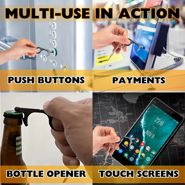 Alt view image 3 of 7 - No Touch Door Opener Keychain 4 Pack - Larger Hook, Stylus & Bottle Opener | Premium hygienic no touch tool (Silver, Grey) features a touchscreen stylus, button pusher, and bottle opener for daily use