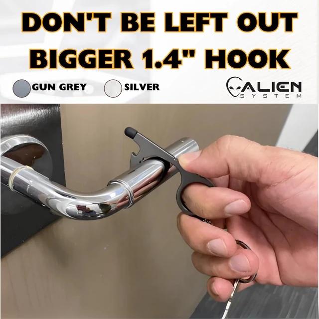 Alt view image 2 of 7 - No Touch Door Opener Keychain 4 Pack - Larger Hook, Stylus & Bottle Opener | Premium hygienic no touch tool (Silver, Grey) features a touchscreen stylus, button pusher, and bottle opener for daily use