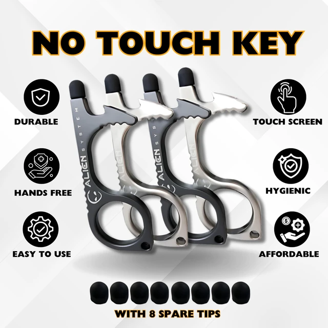 Alt view image 4 of 7 - No Touch Door Opener Keychain 4 Pack - Larger Hook, Stylus & Bottle Opener | Premium hygienic no touch tool (Silver, Grey) features a touchscreen stylus, button pusher, and bottle opener for daily use