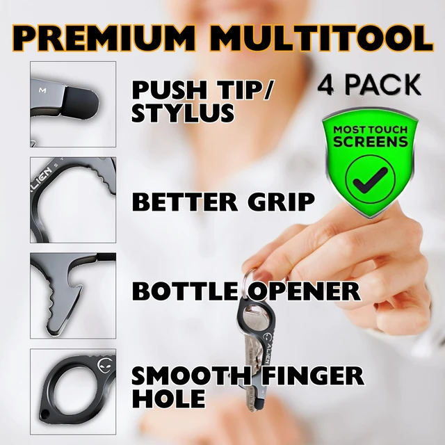 Alt view image 5 of 7 - No Touch Door Opener Keychain 4 Pack - Larger Hook, Stylus & Bottle Opener | Premium hygienic no touch tool (Silver, Grey) features a touchscreen stylus, button pusher, and bottle opener for daily use