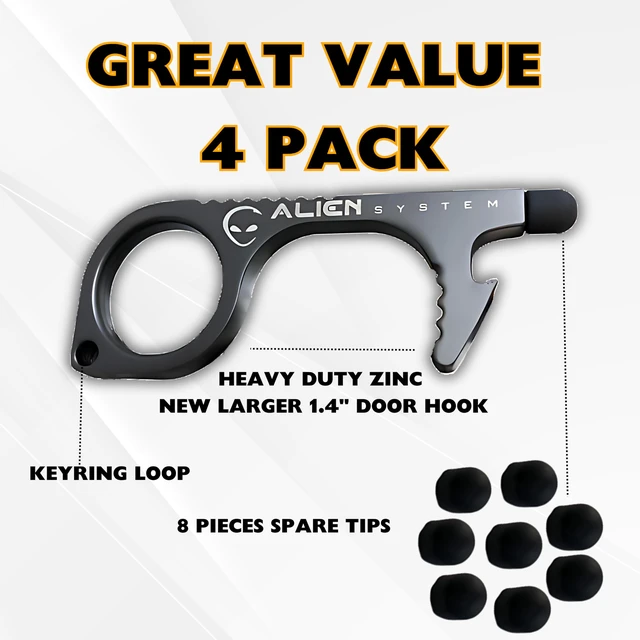 Alt view image 6 of 7 - No Touch Door Opener Keychain 4 Pack - Larger Hook, Stylus & Bottle Opener | Premium hygienic no touch tool (Silver, Grey) features a touchscreen stylus, button pusher, and bottle opener for daily use