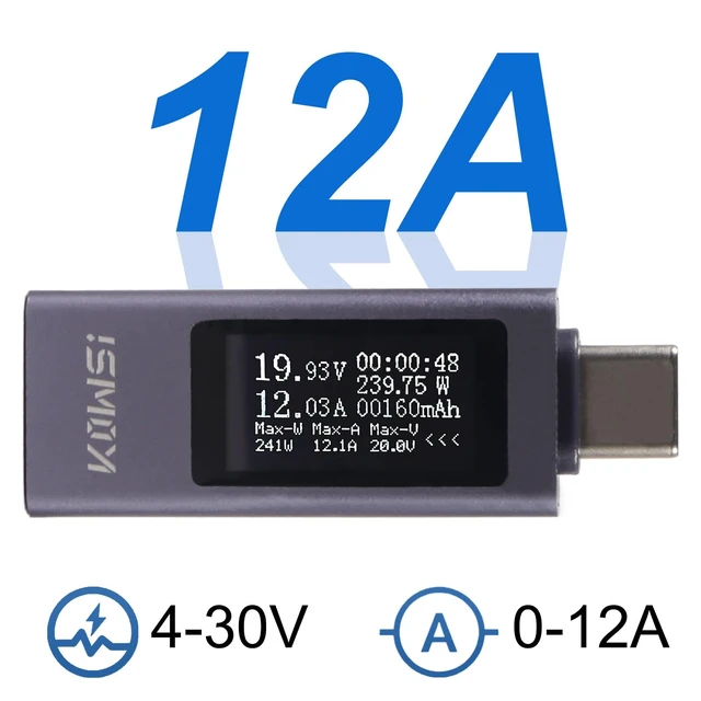 Alt view image 3 of 7 - 2Pcs USB C Tester Power Meter Digital Multimeter 4-30V 0-12A LCD Display Type C Voltage Current Tester Monitor, Working Time Ammeter Voltmeter USB Cable Charger Detector, Power Bank Capacity Detector
