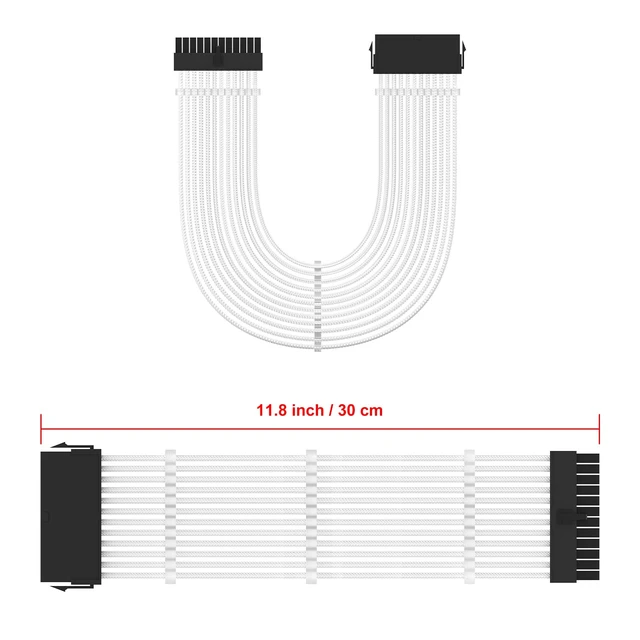 Alt view image 7 of 7 - ATX 24 Pin Power Supply Sleeved Cable, 11.8 inch 24 Pin Male to Female Braided Extension Cord with 3 Cable Combs for ATX Motherboard, White
