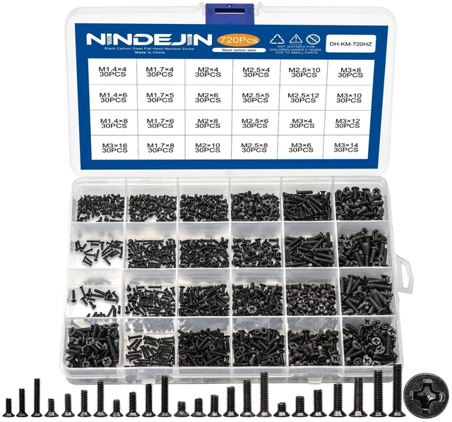 Main image of 720pcs Laptop Notebook Computer Carbon Steel Screws Kit Set, Flat Head Phillips Screw Assortments, M1.4/1.7/2/2.5/3 Countersunk ssd Screws Accessories for SSD Toshiba DELL Sony Samsung