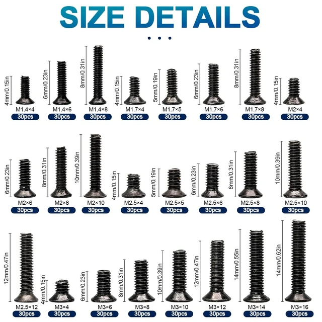 Alt view image 2 of 7 - 720pcs Laptop Notebook Computer Carbon Steel Screws Kit Set, Flat Head Phillips Screw Assortments, M1.4/1.7/2/2.5/3 Countersunk ssd Screws Accessories for SSD Toshiba DELL Sony Samsung