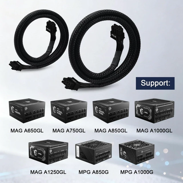 Alt view image 4 of 7 - 2-Pack 8 Pin PCIe Cable for MSI MAG A650GL A750GL A850GL A1000GL A1250GL Power Supplies, ATX 3.0, 8 Pin Male to PCIe 8 Pin (6+2) Male Sleeved Cable for MSI MPG A850G A1000G PSU