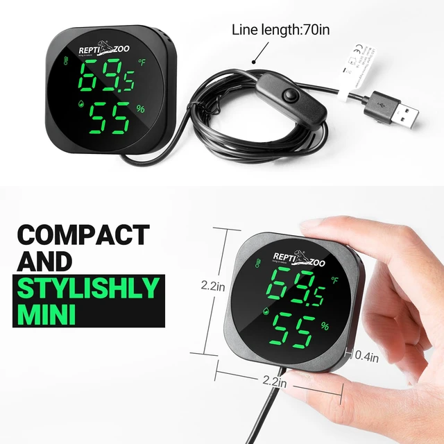 Alt view image 7 of 7 - Thermometer Hygrometer, LED Digital Thermo Hygrometer for Reptile Terrarium Pet Rearing Box, Reptile Tank Thermometer with 55.2" Cable USB Power Supply