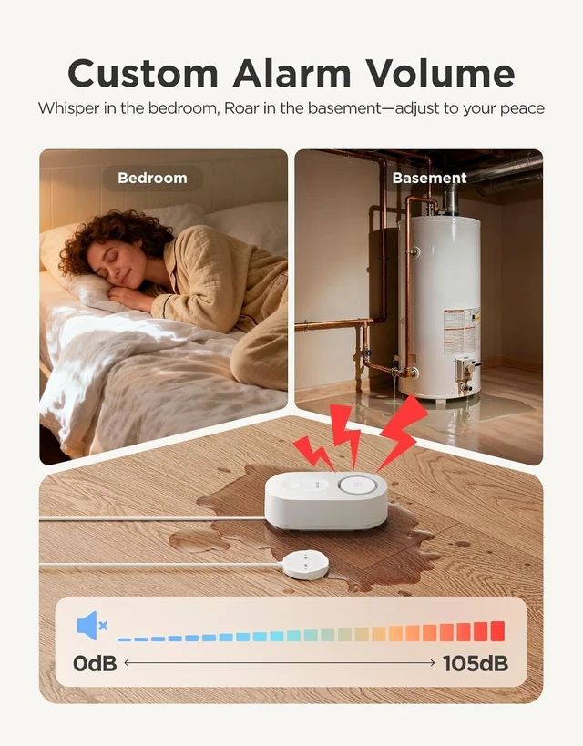 Alt view image 6 of 7 - Upgraded Water Leak Detector 1s with 4.92 ft Cable, 1 Pack | Water Sensor with 105dB Adjustable Alarm, 5Yr Battery Life, IP67 Waterproof, Suitable for Home, Basement, Kitchen, Cabin/RV