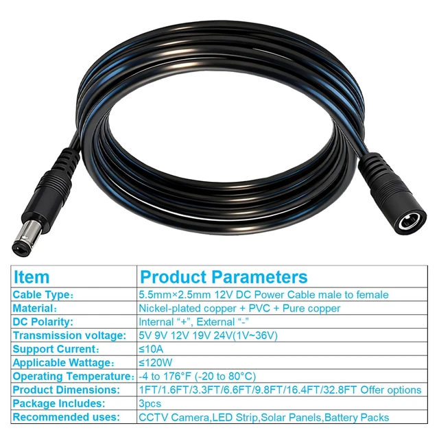 Alt view image 5 of 5 - DC Power Extension Cable, 5.5mm x 2.5mm, 9.8FT, 3-Pack | DC5525 Male to Female, 12V DC Extension Cable, 18AWG,For CCTV Surveillance Camera