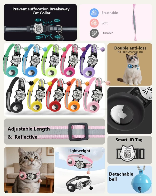 Alt view image 2 of 7 - Cat Collar with AirTag Holder, QR Code Tag and Bell (Pink) | Reflective Breakaway, QR Code ID Tag
