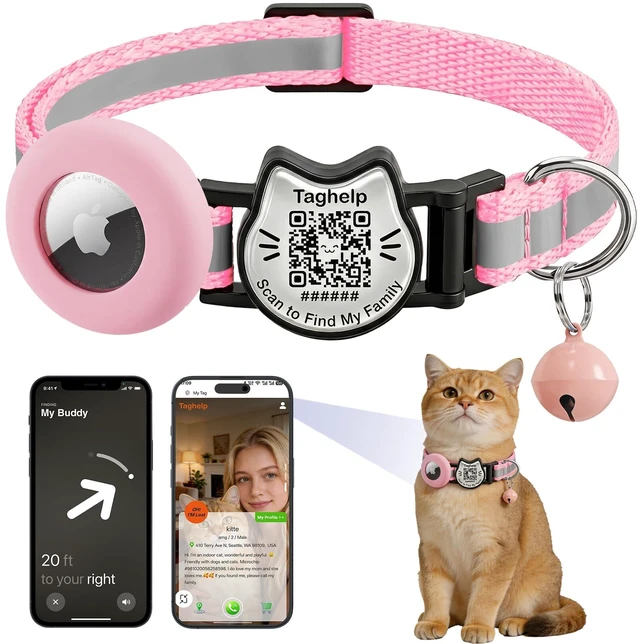 Main image of Cat Collar with AirTag Holder, QR Code Tag and Bell (Pink) | Reflective Breakaway, QR Code ID Tag