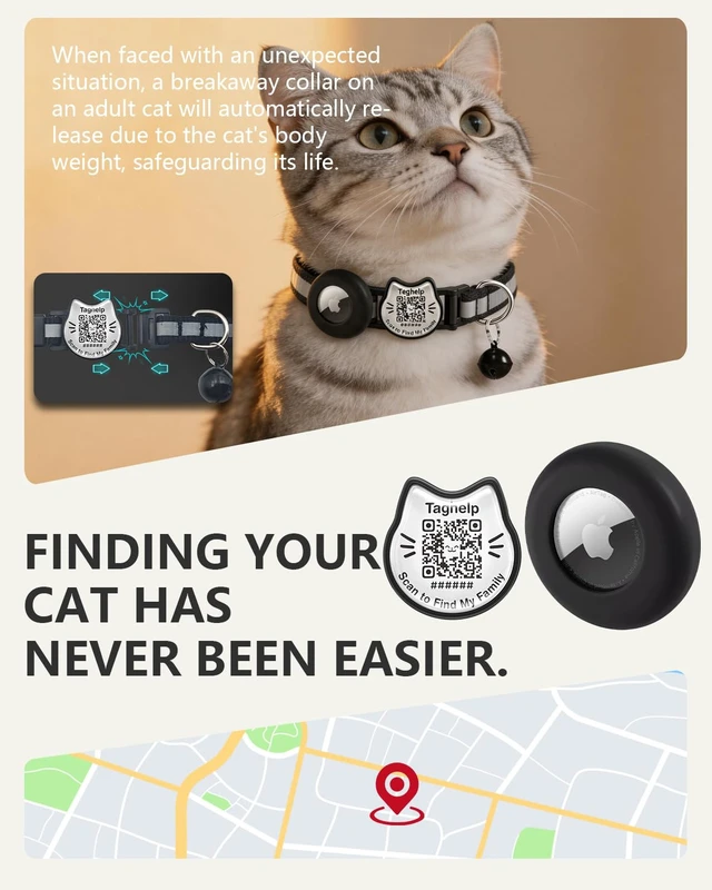 Alt view image 7 of 7 - Cat Collar with AirTag Holder, QR Code Tag and Bell (Pink) | Reflective Breakaway, QR Code ID Tag