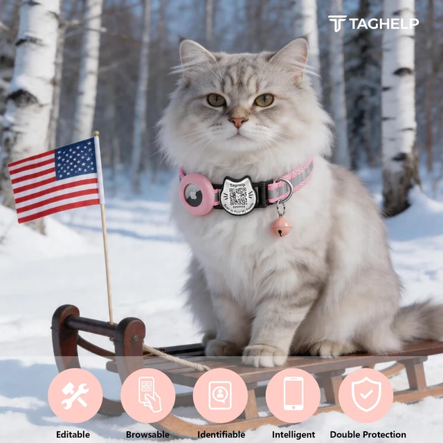 Alt view image 5 of 7 - Cat Collar with AirTag Holder, QR Code Tag and Bell (Pink) | Reflective Breakaway, QR Code ID Tag