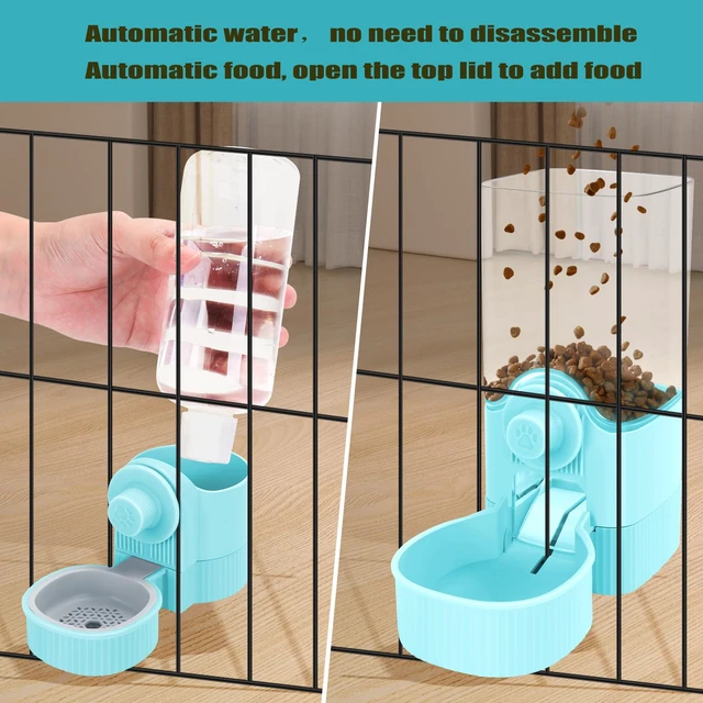 Alt view image 3 of 7 - Hanging Cage Automatic Food Water Dispenser, Auto Gravity 1.2L Self-Feeding Feeder and 0.52L Waterer Set, Crate Auto Feeder Dish for Puppy Cats Ferret Bunny Guinea Pig Small Pets (Blue)
