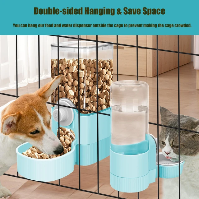 Alt view image 6 of 7 - Hanging Cage Automatic Food Water Dispenser, Auto Gravity 1.2L Self-Feeding Feeder and 0.52L Waterer Set, Crate Auto Feeder Dish for Puppy Cats Ferret Bunny Guinea Pig Small Pets (Blue)