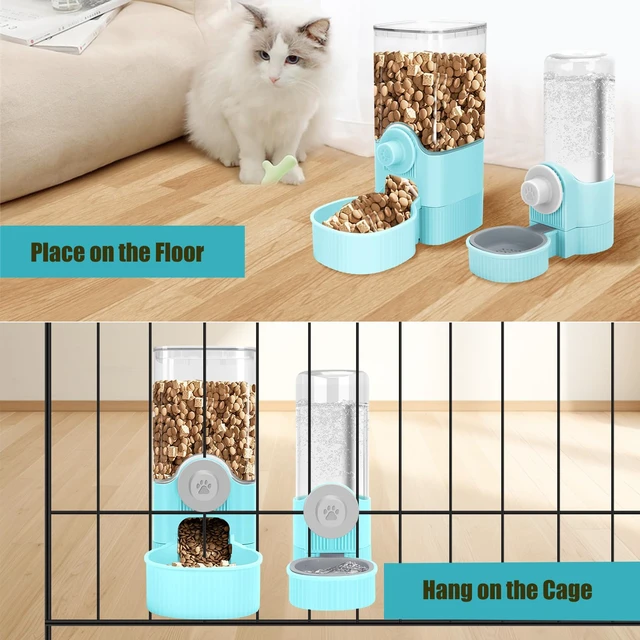Alt view image 7 of 7 - Hanging Cage Automatic Food Water Dispenser, Auto Gravity 1.2L Self-Feeding Feeder and 0.52L Waterer Set, Crate Auto Feeder Dish for Puppy Cats Ferret Bunny Guinea Pig Small Pets (Blue)