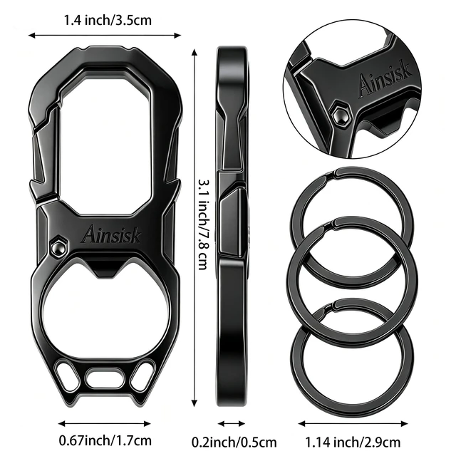 Alt view image 6 of 6 - Carabiner clip Keychain Bottle opener Key rings(Black) | Carabiner Car Key Chains Bottle opener Tactical keychains.Metal Clip Keychain 3 Key Rings Suitable for men and women.(Black)
