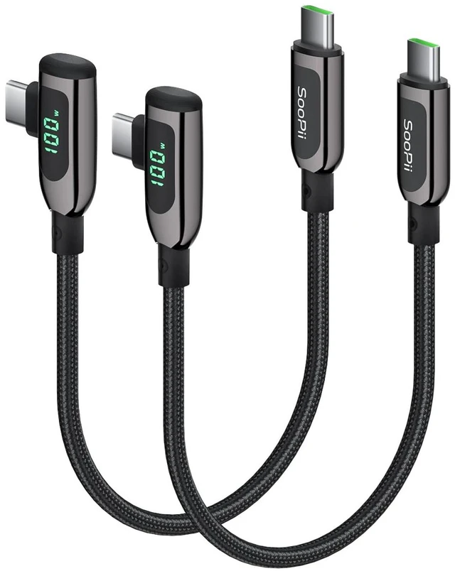 Main image of 100W Right Angle USB C to USB C Cable,2-Pack 1FT Zinc Alloy Case Nylon Braided Type-C Cable with LED Display for lPad Mini/Air/Pro,MacBook Pro,Samsung S23/S22/S10,Pixel,LG(0.3m,Black)