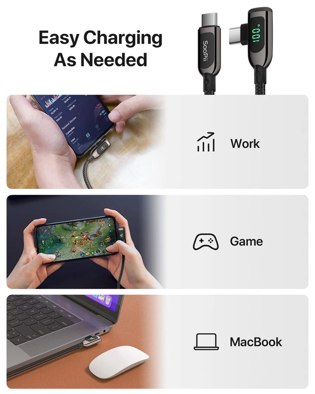 Alt view image 7 of 7 - 100W Right Angle USB C to USB C Cable,2-Pack 1FT Zinc Alloy Case Nylon Braided Type-C Cable with LED Display for lPad Mini/Air/Pro,MacBook Pro,Samsung S23/S22/S10,Pixel,LG(0.3m,Black)