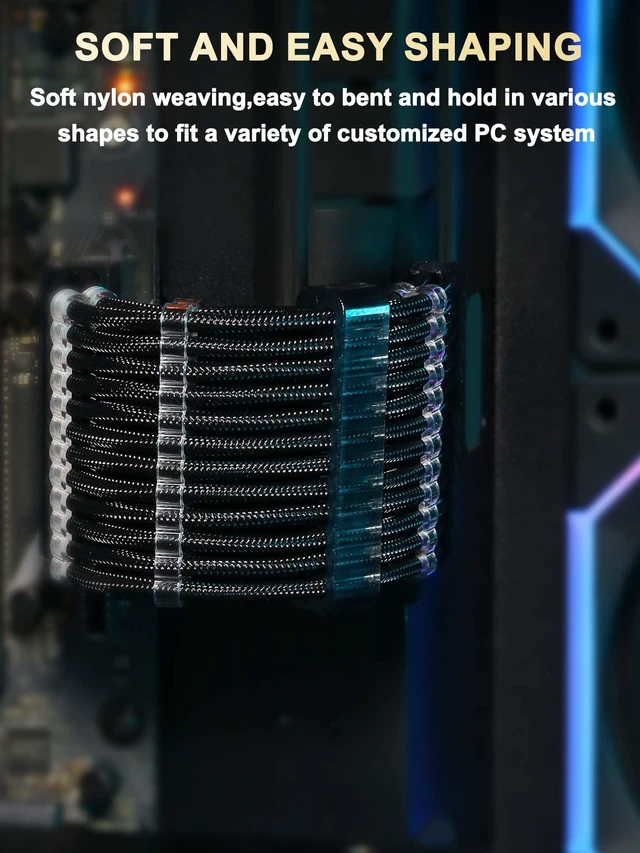 Alt view image 3 of 7 - Transparent Connector 16AWG PSU Extension Cables Kit,Black | Soft Nylon Braided,Gold-plated Pins,16AWG includes 24Pin ATX×1,8Pin EPS×1,8Pin PCIe×2,Install Combs,Custom PC Builds