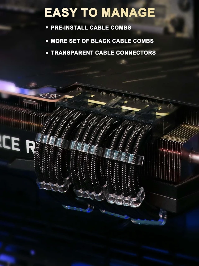 Alt view image 4 of 7 - Transparent Connector 16AWG PSU Extension Cables Kit,Black | Soft Nylon Braided,Gold-plated Pins,16AWG includes 24Pin ATX×1,8Pin EPS×1,8Pin PCIe×2,Install Combs,Custom PC Builds