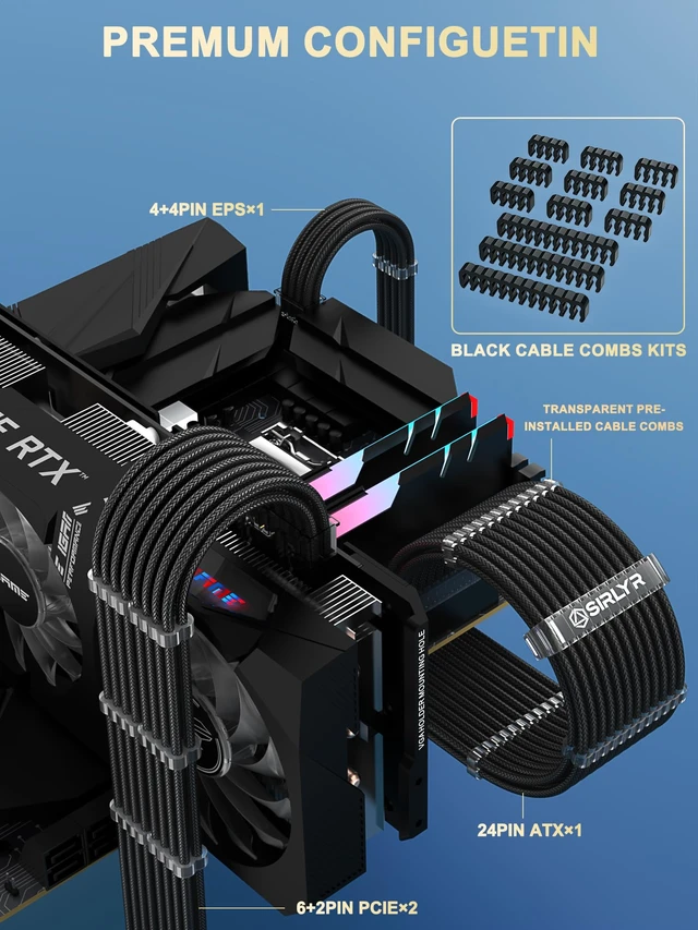 Alt view image 7 of 7 - Transparent Connector 16AWG PSU Extension Cables Kit,Black | Soft Nylon Braided,Gold-plated Pins,16AWG includes 24Pin ATX×1,8Pin EPS×1,8Pin PCIe×2,Install Combs,Custom PC Builds